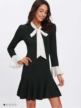 SHEIN Black Mini Dress with White Bow Tie & Ruffle Cuffs